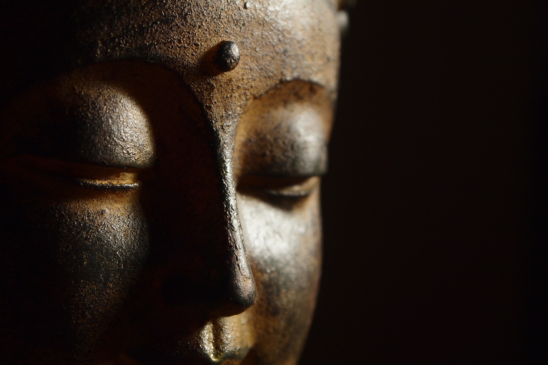 Detailaufnahme des Buddha-Kopfes, Symbol für inneren Frieden , Offenheit und spirituelle Weisheit auf der DenkBühne
